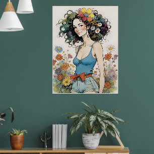 Póster Chica con flor de arcoiris en el pelo