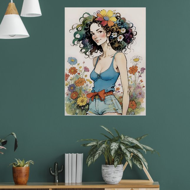 Póster Chica con flor de arcoiris en el pelo (Salón 1)