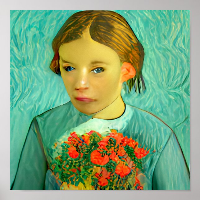 Póster chica con flores en van gogh poster y huellas (Frente)