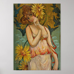 Póster Chica con girasoles