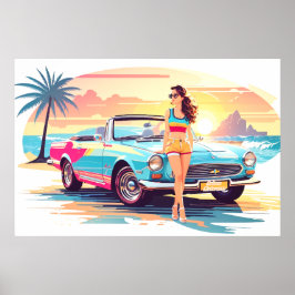 Póster Chica con la naturaleza del coche y del sueño
