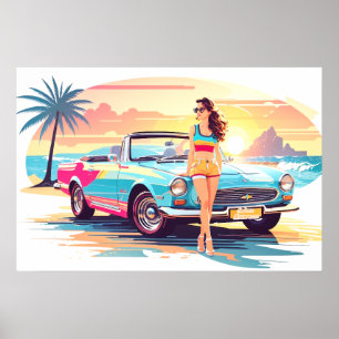 Póster Chica con la naturaleza del coche y del sueño