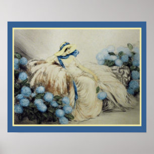 Póster Chica con los Hydrangeas azules