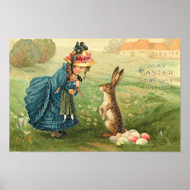 Póster Chica con muñeca y conejo venado de Pascua (Frente)