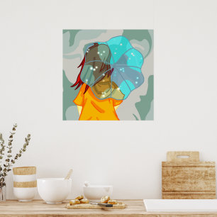 Póster Chica con paraguas en Wind Rain Green Swirl