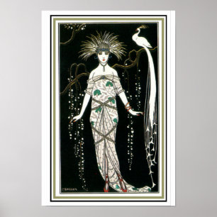 Póster "Chica con pavo real" Art Deco Poster 13 x 19