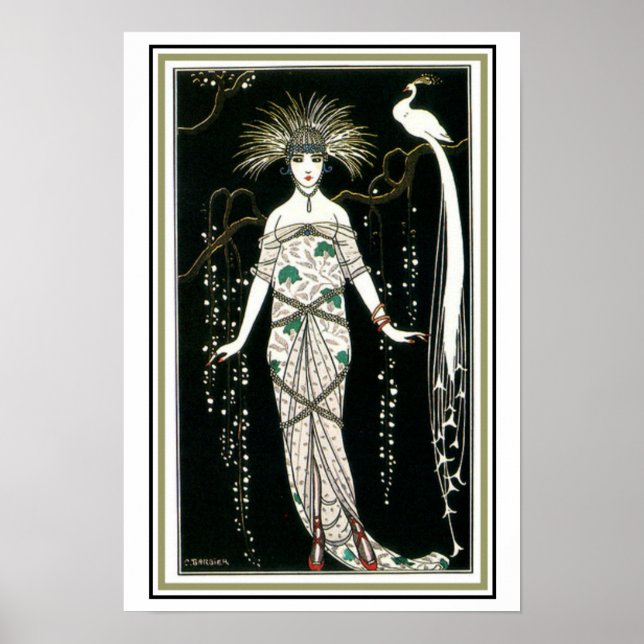 Póster "Chica con pavo real" Art Deco Poster 13 x 19 (Frente)