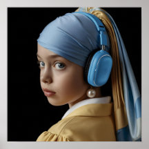 Chica con Pearl Earring y auriculares azules Auti