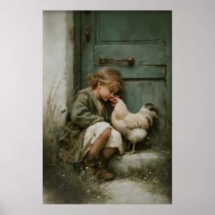 Póster Chica Con Pollo Imprimible, Gallo Rústico