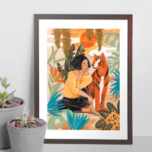 Póster Chica con puesta de sol de tigre en la selva