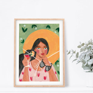 Póster Chica con sombrero de verano gafas de sol fondo fl