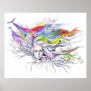 Póster Chica con sueños en su cabello Fantasma surrealist