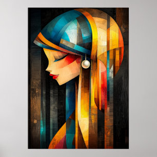 Póster Chica con un arete de perla - Cubista minimalista