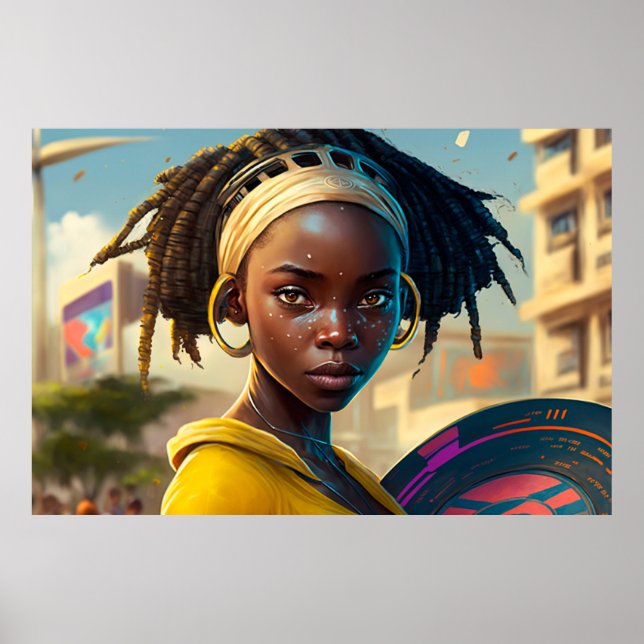 Póster Chica con un frisón en una ciudad del futuro (Frente)