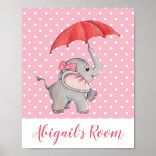 Póster Chica Cute Elefante Rosa Habitación Infantil Polka