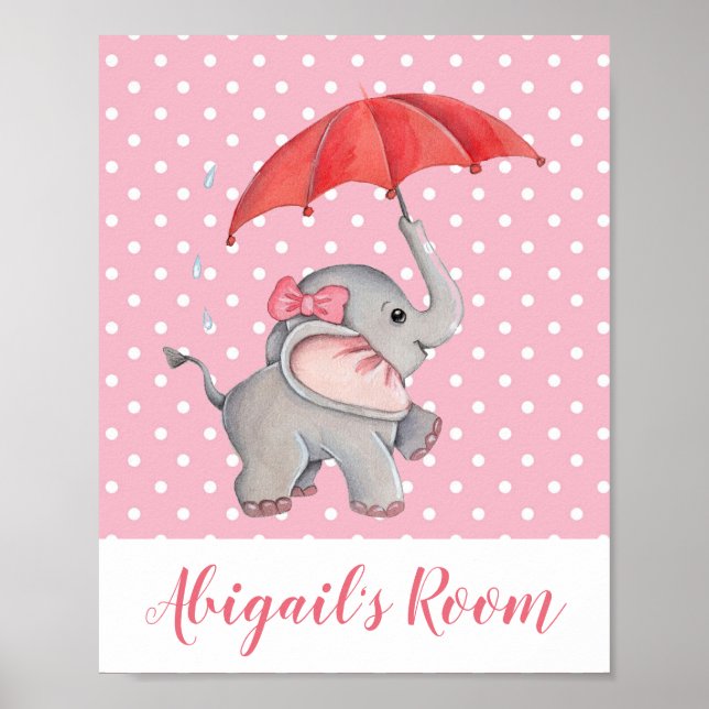 Póster Chica Cute Elefante Rosa Habitación Infantil Polka (Frente)