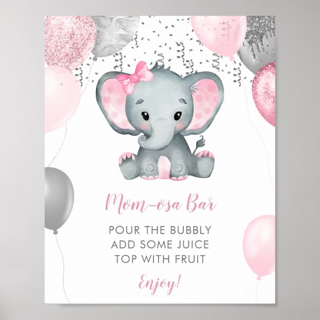 Póster Chica Cute Elephant Balloons Baby Shower Momosa (Frente)