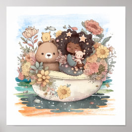 Póster Chica De Acuarela Cuta Con Bestias