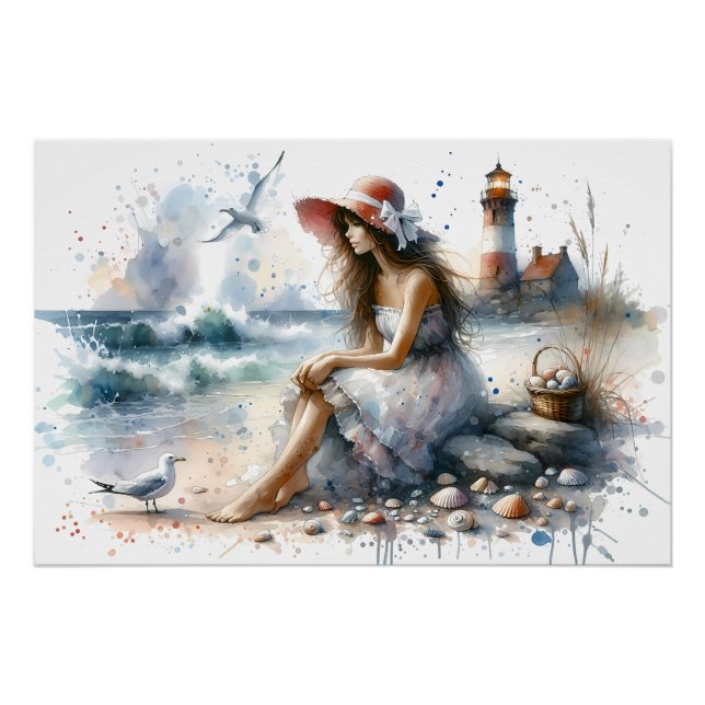 Póster Chica de acuarela romántica por faro (Anverso)