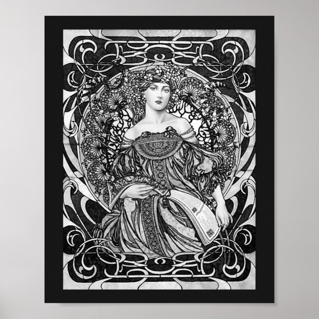 Póster Chica de Alphonse Mucha en Art Nouveau blanco y ne (Frente)