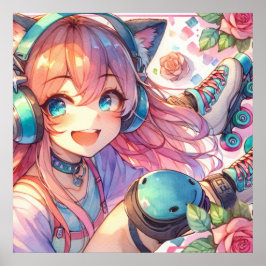 Póster Chica de animaciones bonito en patines de ruedas