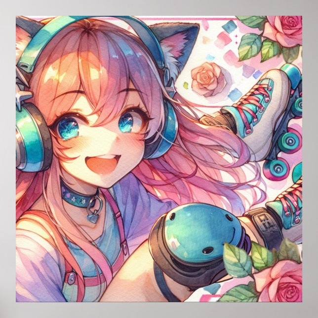 Póster Chica de animaciones bonito en patines de ruedas (Frente)