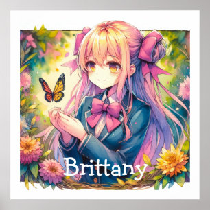 Póster Chica de animaciones y acuarela de mariposa person