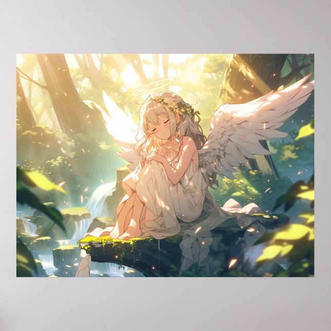 Póster Chica de anime angélico en el bosque (Frente)