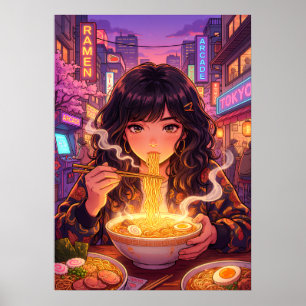 Póster Chica de Anime Comiendo Ramen en la Calle de la Ci