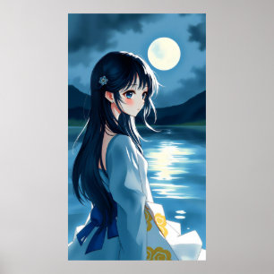Póster chica de anime con laca de luna y brusco líquido