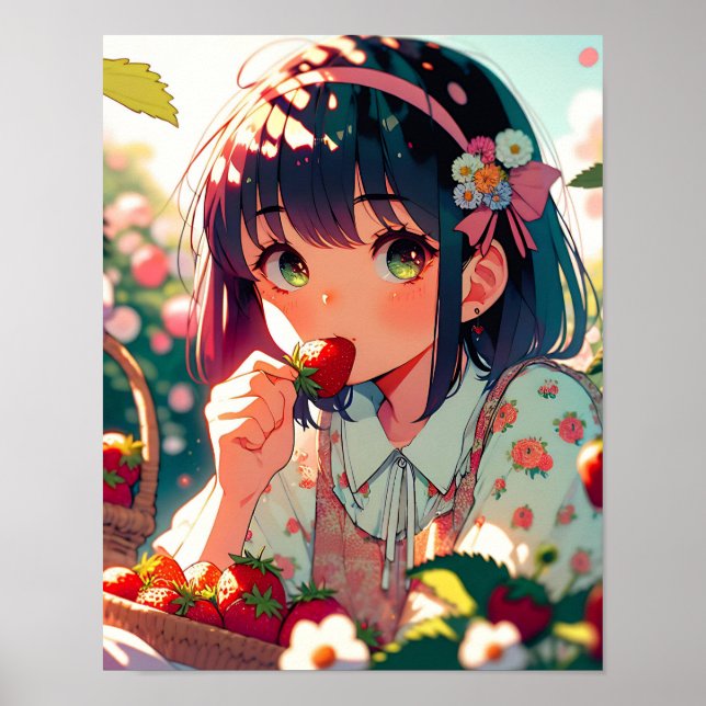 Póster Chica de anime cutáneo comiendo fresas | Día de ve (Frente)