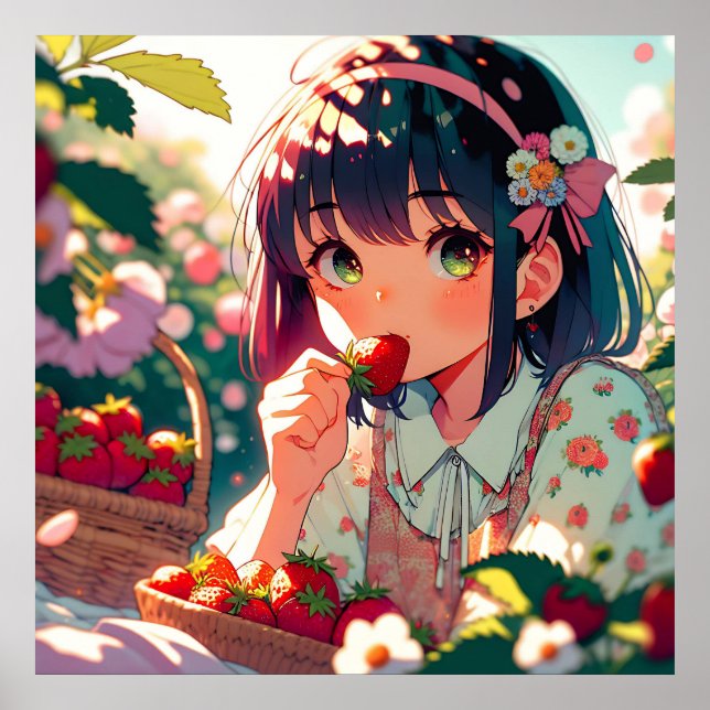 Póster Chica de anime cutáneo comiendo fresas | Día de ve (Frente)