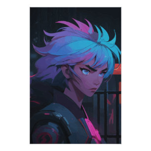 Póster Chica de Anime Cyberpunk con Cabello de Neón – Fut