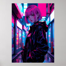 Chica de Anime Cyberpunk Neon en Callejón