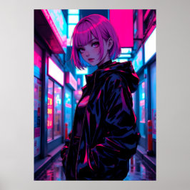 Póster Chica de Anime Cyberpunk Neon en Callejón