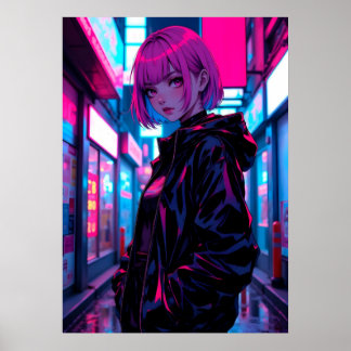 Póster Chica de Anime Cyberpunk Neon en Callejón