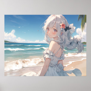 Póster Chica de anime de pelo blanco en la playa