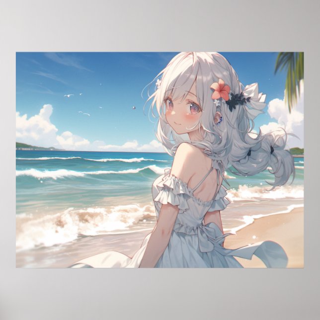Póster Chica de anime de pelo blanco en la playa (Frente)