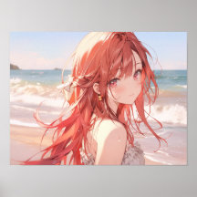 Chica de anime de pelo rojo y cortado en la playa