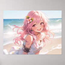 Chica de anime de pelo rosa suave en la playa