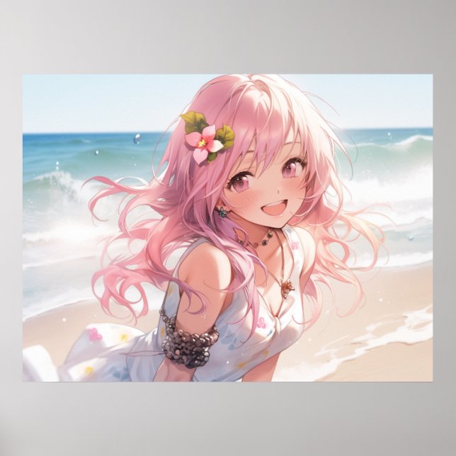 Póster Chica de anime de pelo rosa suave en la playa (Frente)