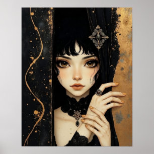 Póster Chica de anime gótica negra y dorada
