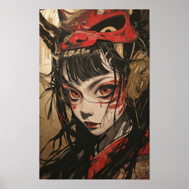 Póster Chica de anime japonés con máscaras rojas y Oni de (Frente)