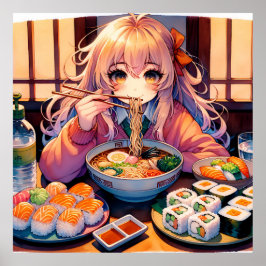 Póster Chica de anime lindo comiendo Ramen y suhi