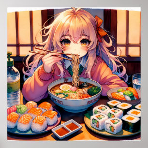 Póster Chica de anime lindo comiendo Ramen y suhi