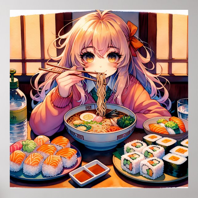 Póster Chica de anime lindo comiendo Ramen y suhi (Frente)