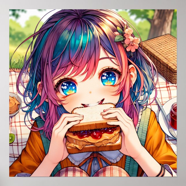 Póster Chica de anime lindo comiendo una mantequilla de m (Frente)