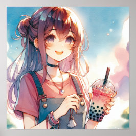 Póster Chica de anime lindo sosteniendo un té Boba