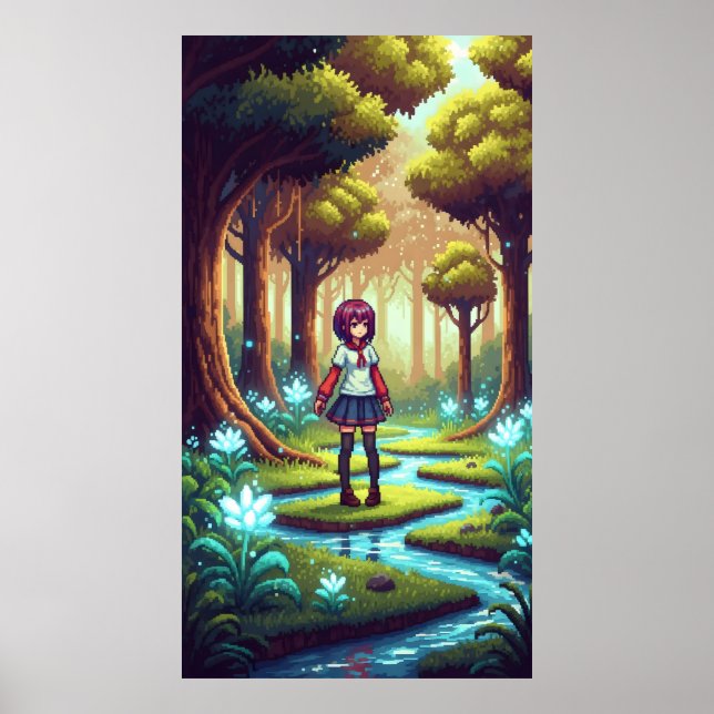 Póster Chica de anime Pixel en un bosque denso (Frente)
