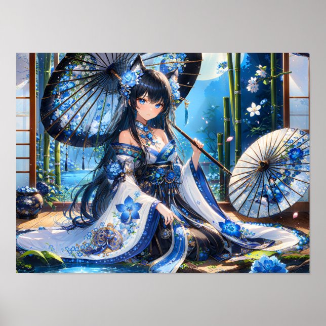 Póster Chica de Azure Blossom Kimono (Frente)
